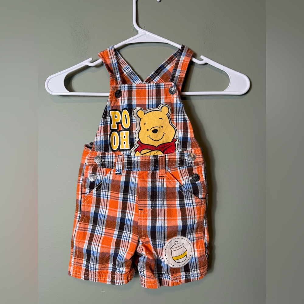 Disney Winnie the Pooh Infant VINTAGE Orange/Blue Plaid Overalls 12M